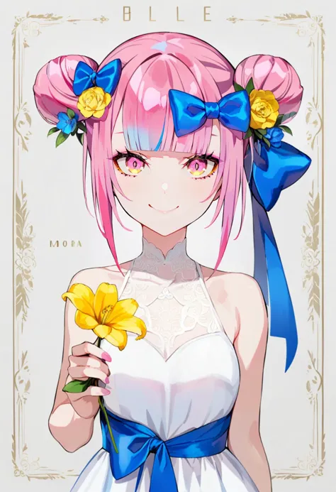 anime girl with pink hair and blue bow holding a yellow flower