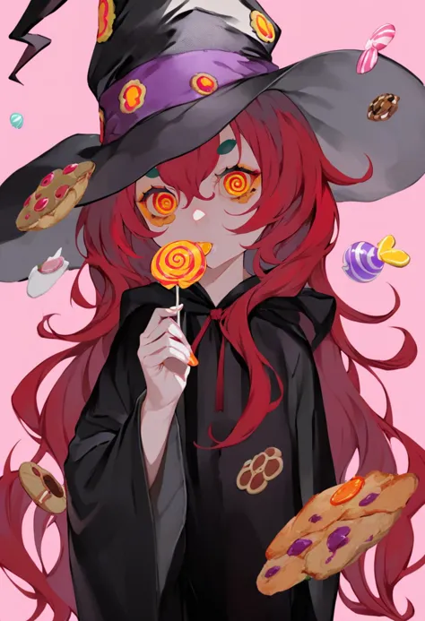 anime girl with red hair wearing a witch hat and holding a lollipop