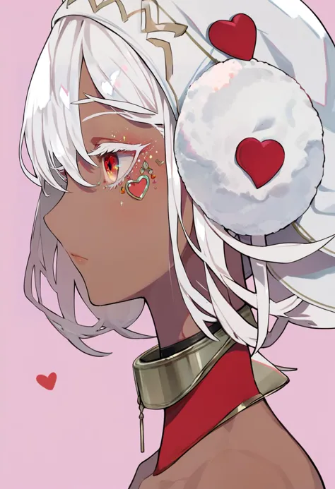 anime girl with white hair and red heart eyes