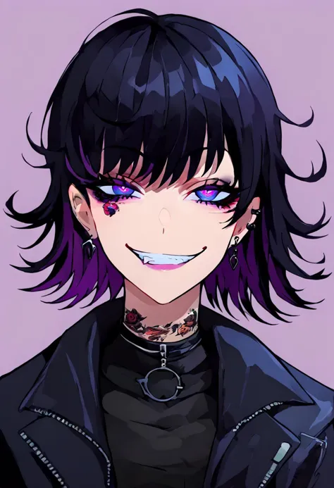 score_9, score_8_up, score_7_up, source_anime, draw an image of a sexy goth girl with pitch black hair looking at you with a smug expression as if giggling at you for liking her, solo, 1girl, Goth girl, Goth girl 1girl, Straight Flipped Hair, sleveless jacket, tattoos, gesugao, smug, cowboy shot, looking at viewer, facing viewer