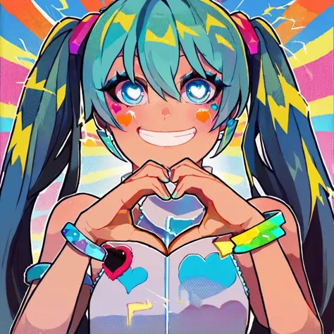 score_9, score_8_up, score_7_up, score_6_up, <lora:LAMXL_Js2_lokr_V4302:0.95> 1girl, heart, solo, smile, hair like hatsune miku, cyan hair, heart hands, twintails, long hair, cyan hair, jewelry, multicolored hair 
 rainbow, looking at viewer, crop top, blue eyes, grin, upper body, hatsune miku outfit, earrings rainbow hearts, hatsune miku top, rainbow background, sleeveless, bracelet, sleeveless shirt, happy pride month banner, bare shoulders, teeth, high twintails, symbol-shaped pupils, multicolored eyes, lightning bolt symbol, streaked hair, electricity, rainbow pride stripes on cheeks, 5 fingers clear hands