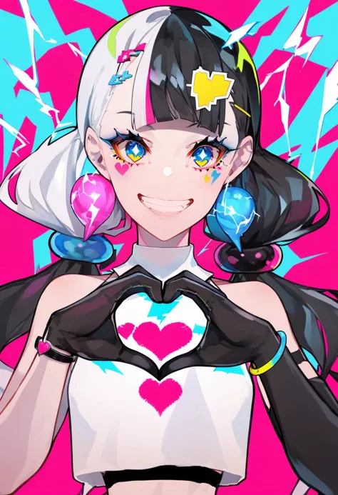 score_9, score_8_up, score_7_up, score_6_up, <lora:LAMXL_Js2_lokr_V4302:0.95> 1girl, heart, solo, smile, hair ornament, white hair, gloves, heart hands, twintails, long hair, black gloves, black hair, jewelry, multicolored hair, looking at viewer, crop top, blue eyes, grin, upper body, shirt, elbow gloves, earrings, white shirt, pink background, sleeveless, bracelet, sleeveless shirt, facial mark, bare shoulders, single glove, teeth, low twintails, symbol-shaped pupils, blunt bangs, multicolored eyes, lightning bolt symbol, streaked hair, heart hair ornament, electricity, midriff, two-tone hair, hairclip