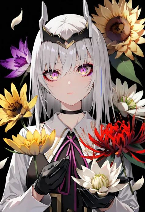 masterpiece, best quality, <lora:LAMXL_ANI31_lokr_V42310:0.95> 1girl, flower, solo, yellow flower, sunflower, gloves, looking at viewer, blue flower, red flower, choker, spider lily, white flower, purple flower, chrysanthemum, upper body, black gloves, white hair, black background, headgear, black choker, pink eyes, pink flower, ribbon, lily \(flower\), closed mouth, purple eyes, rose, daisy, neck ribbon, hair between eyes, long hair, petals, black flower, long sleeves, anemone \(flower\), blood