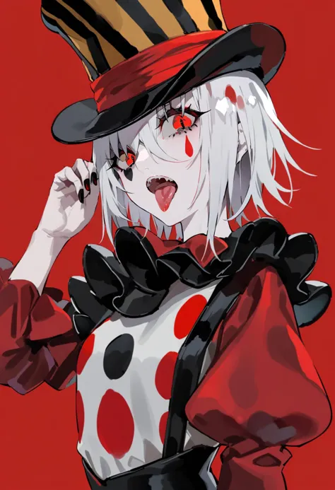 masterpiece, best quality, <lora:LAMXL_ANI31_lokr_V42310:0.95> hat, tongue, solo, neck ruff, red eyes, tongue out, red backgroun...