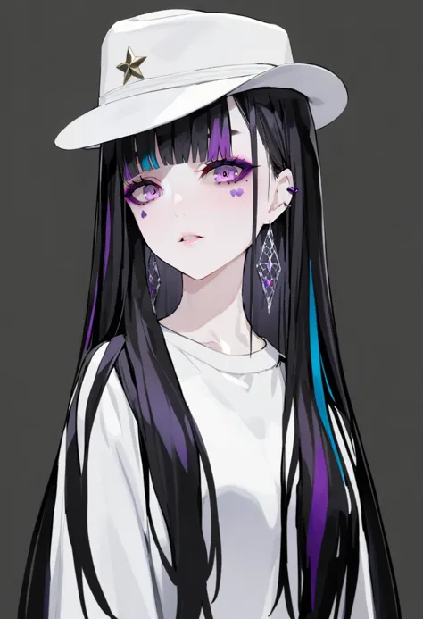 a woman with long black hair wearing a white hat and purple hair