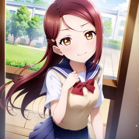 1girl, solo,(best quality),(masterpiece:1.1),Sakurauchi Riko ,(school uniform:1.4),dress, looking_at_viewer, neck_ribbon, cute, ...