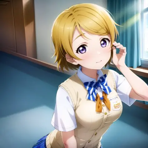 1girl, solo,(best quality),(masterpiece:1.1),Koizumi Hanayo ,(school uniform:1.4),dress, looking_at_viewer, neck_ribbon, cute, c...