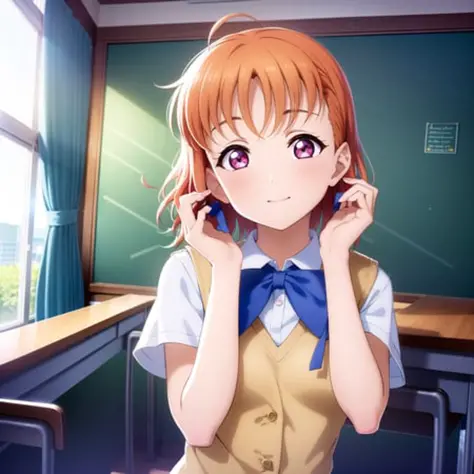 1girl, solo,(best quality),(masterpiece:1.1),Takami Chika ,(school uniform:1.4),dress, looking_at_viewer, neck_ribbon, cute, clear facial skin,