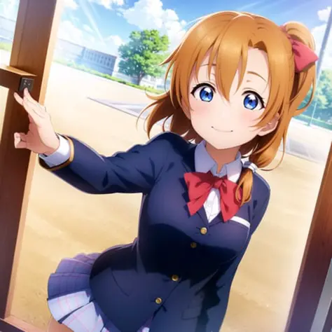 1girl, solo,(best quality),(masterpiece:1.1),Kousaka Honoka,(school uniform:1.4),dress, looking_at_viewer, neck_ribbon, cute, clear facial skin,