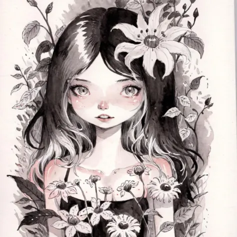 drawix3 girl and flowers black ink<lora:drawix3:0.7>