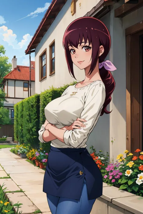 masterpiece, best quality, 1girl, white shirt,  <lora:ikuyo-nvwls-v1-000008:0.9> ikuyo, hair bow, white shirt, blue skirt, blue pants, large breasts, cowboy shot, looking at viewer, from side, garden, smile, closed mouth, house, crossed arms