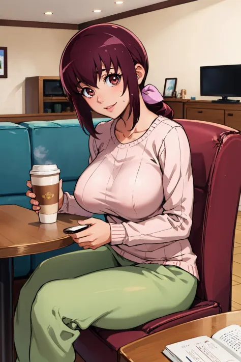 masterpiece, best quality, ikuyo, hair bow, pink sweater, sweatpants, table, sitting, thighs, large breasts, looking at viewer, cup of coffee, chair, indoors, living room, smile