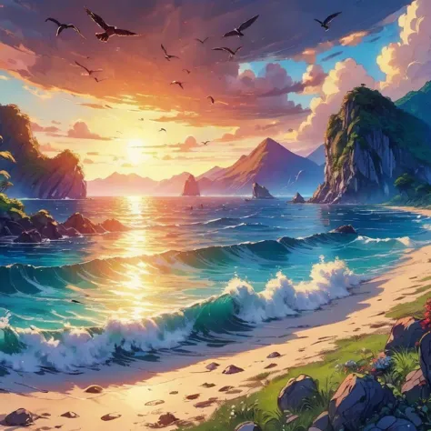 Style artistique Dreamyvibes, ultra détaillé, détail très élevé, diffusion souterraine, 16k, une scooner dans les îles au large du Japon, coucher de soleil, mouettes