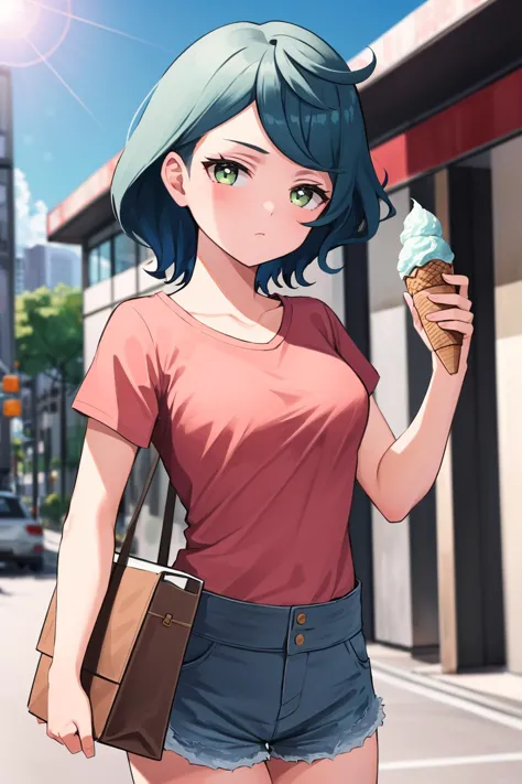 masterpiece, best quality, 1girl,  <lora:noreadunoc-nvwls-v1-000009:1> noreadunoc, pink t-shirt, jean shorts, holding ice cream,...