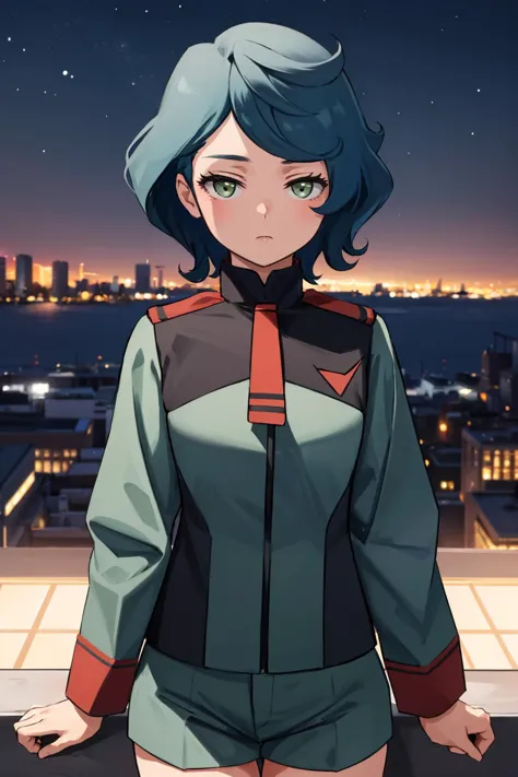 masterpiece, best quality, 1girl,  <lora:noreadunoc-nvwls-v1-000009:1> noreadunoc, green jacket, short necktie, long sleeves, green shorts, upper body, city, night sky, looking at viewer