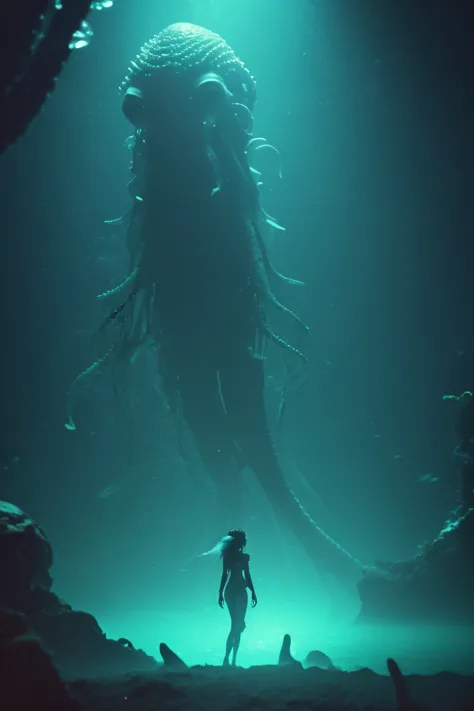 a woman standing in the water with a giant squid in the background