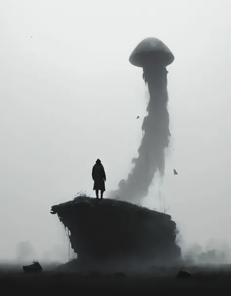 arafed image of a man standing on a cliff with a giant jellyfish in the background