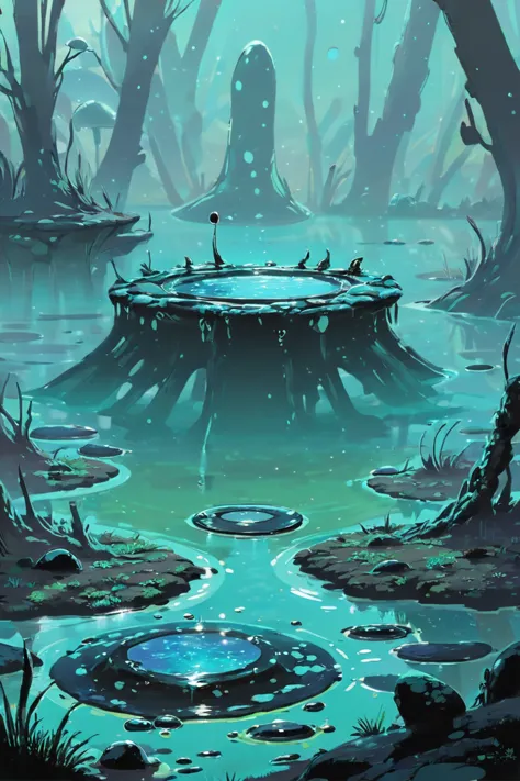 a cartoon illustration of a swamp with a giant tree stump