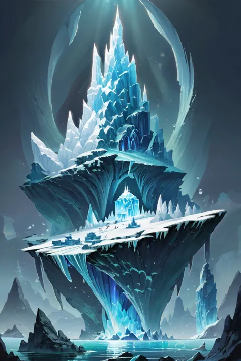 a digital painting of a frozen island with ice and icebergs