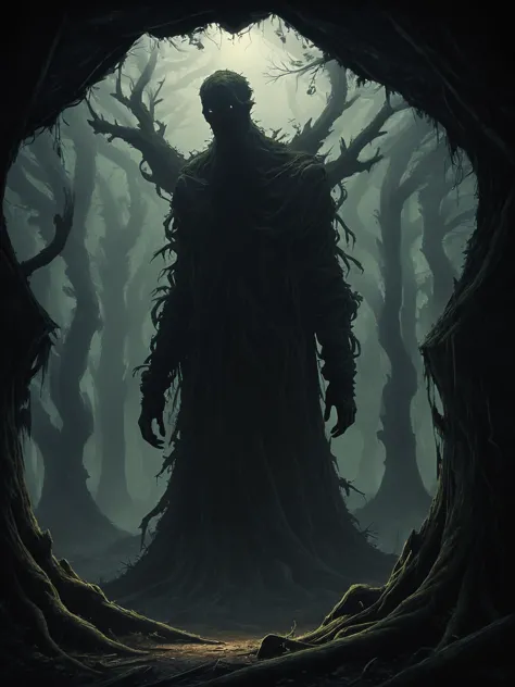 a dark - skinned man stands in a forest with trees and branches