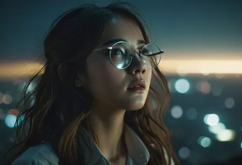 mysterious, glasses, cinematic style, look up, High detail, cinematic style, HD detail, INTJ, best quality, photorealistic, darkness, raw photo, 1girl, long hair, collared blouse, detailed skin, pore, low key cinematic lighting, , Intricate, High Detail, Sharp focus, ghostly scifi sky city at the end of the multiverse<lora:EnvyBetterHiresFixXL01:0:hr=1><lora:EnvyMysteriousXL01:1> moonlight, observation, super-nature, eye catchlights, atmospheric lighting, <lora:looking_at_viewer:2>