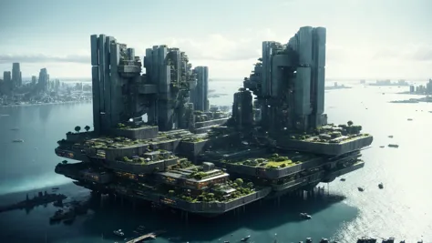 futuristic city floating in the middle of a large body of water