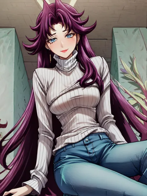 anime girl with long purple hair sitting on a bench in a room