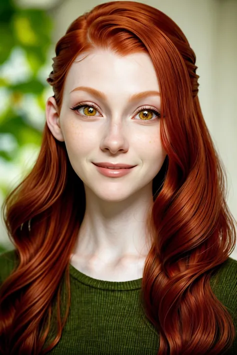 a close up of a woman with long red hair and green sweater