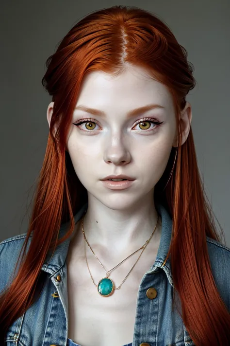 photo of <lora:sd15_ChandlerLovelle_v1:.9> ChandlerLovelle with red orange hair, focus on eyes, close up on face, wearing jewelry, denim color hair styled Straight Deep Side Part, ND filter