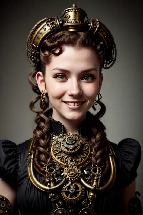 a woman in a black dress and a gold crown smiles