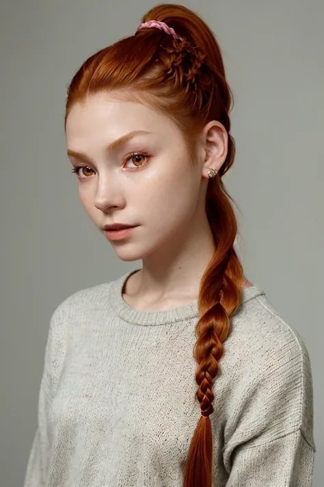 upper-body photo of <lora:sd15_ChandlerLovelle_v1:.9> ChandlerLovelle, focus on face, wearing a thin sweater , her jasper color hair is styled as Straight Braided Ponytail,