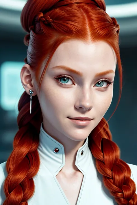 (futuristic design, clean lines, high-tech, detailed:1.15), <lora:sd15_ChandlerLovelle_v1:.9> ChandlerLovelle with long red hair, focus on eyes, close up on face, grinning, hair styled braided top knot, ND filter