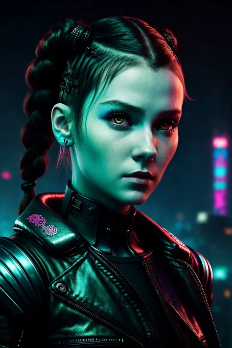 (cyberpunk cityscape, neon, dark, futuristic, detailed:1.15), <lora:sd15_ChandlerLovelle_v1:.9> ChandlerLovelle, focus on eyes, close up on face, pouting, hair styled half-up braided bun, low key lighting