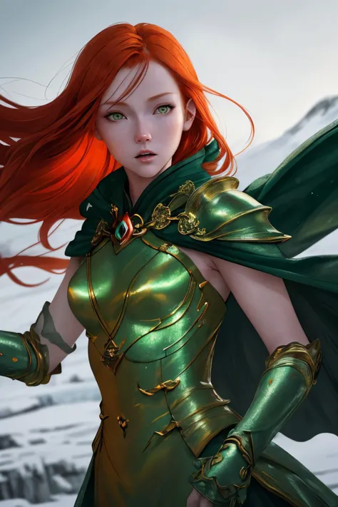 <lora:sd15_ChandlerLovelle_v1:.9> ChandlerLovelle with red orange hair, solo, upper body, detailed background, detailed face, (imperial chinese theme:1.1), Green Lizard northern warrior, (glowing eyes:1.05), stoic expression, dynamic pose, heavy armor, cape, surrounded by magical glow, floating ice shards, arctic winter, windy background, crystal landscape in background low light, dark night, cinematic atmosphere,