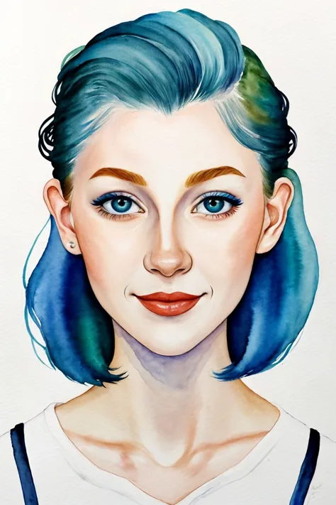 a painting of a woman with blue hair and blue eyes