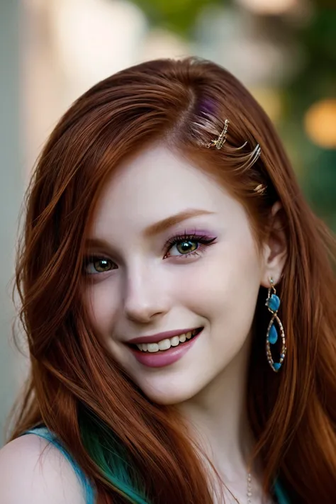 a close up of a woman with red hair and a blue dress