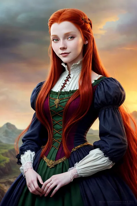 a close up of a woman with long red hair wearing a dress