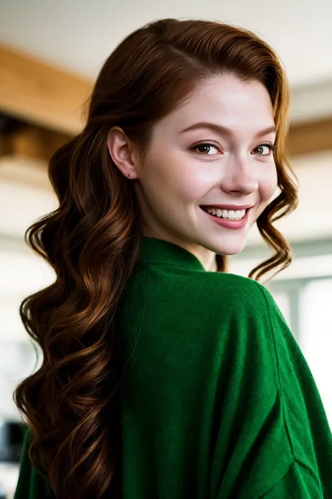 arafed woman with long red hair and green shirt smiling