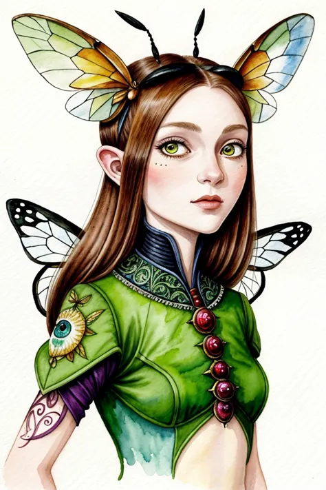 a drawing of a woman with a butterfly headpiece and green shirt