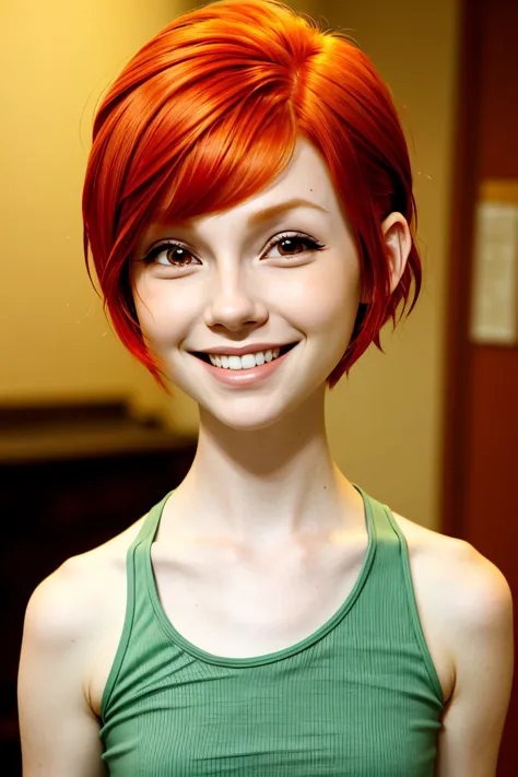 arafed woman with bright red hair and green tank top smiling