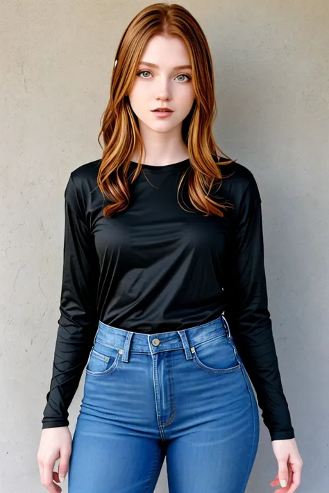 a close up of a woman in jeans and a black shirt