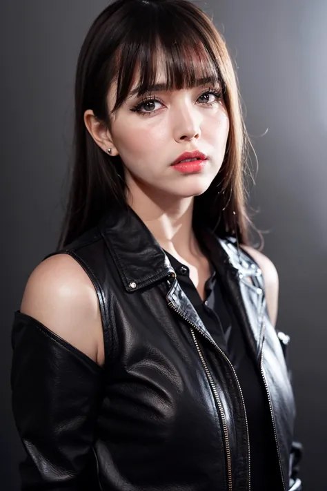 a woman in a black leather jacket posing for a picture