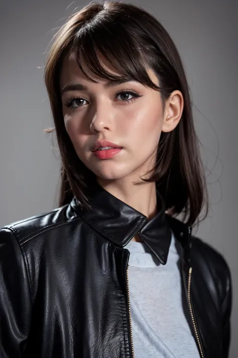 a close up of a woman wearing a black leather jacket