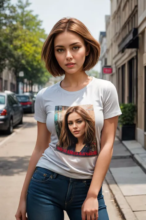 a woman in a white shirt and jeans standing on a street