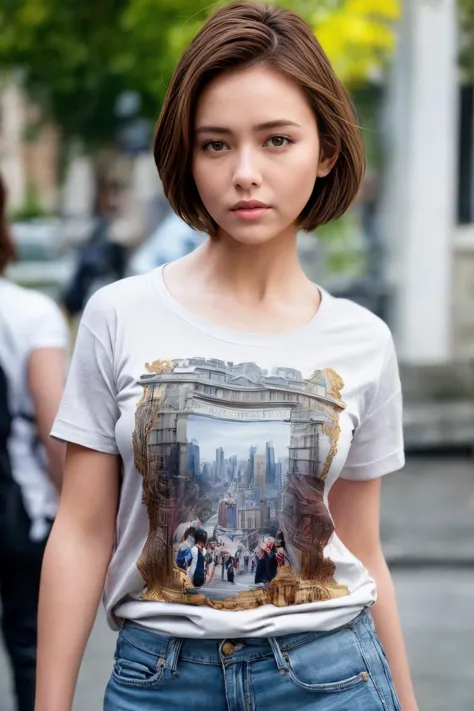 a woman with a white shirt and blue jeans is standing on the street