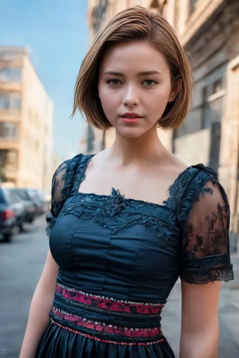 a woman in a black dress standing on a city street