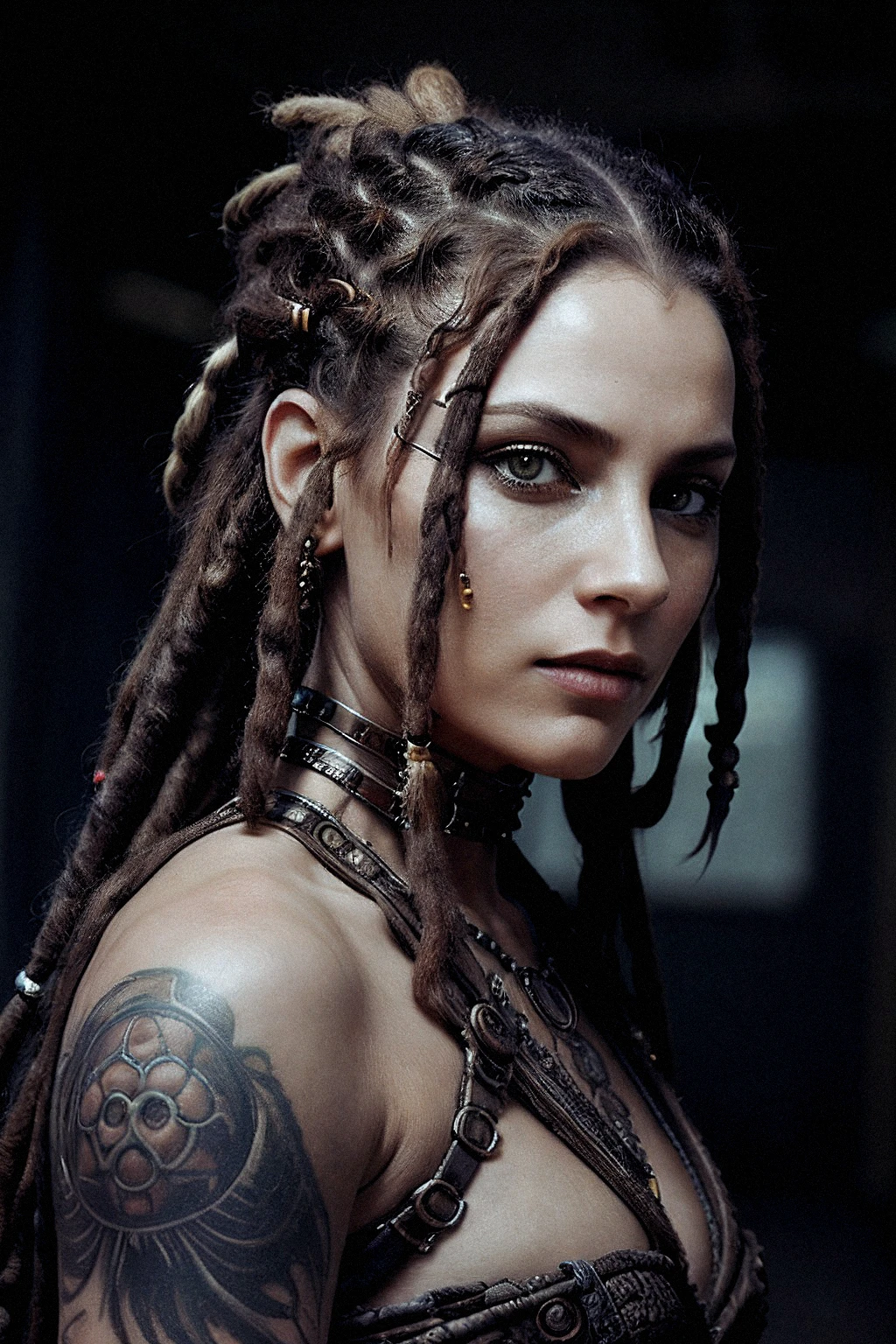 ASCIIa woman with dread locks and makeup looks into the camera with a creepy look on her face and eyes, Android Jones, biopunk, concept art, video art, matrix color grading, tattoos in her face, scify,  steampunk_costume,  steampunkai