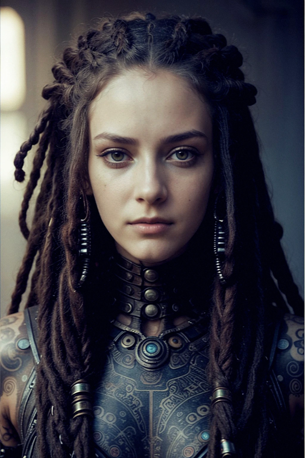 ASCIIa girl 18 years old, with dread locks and makeup looks into the camera with a creepy look on her face and eyes, Android Jones, biopunk, concept art, video art, matrix color grading, tattoos in her face, scify,  steampunk_costume,  steampunkai