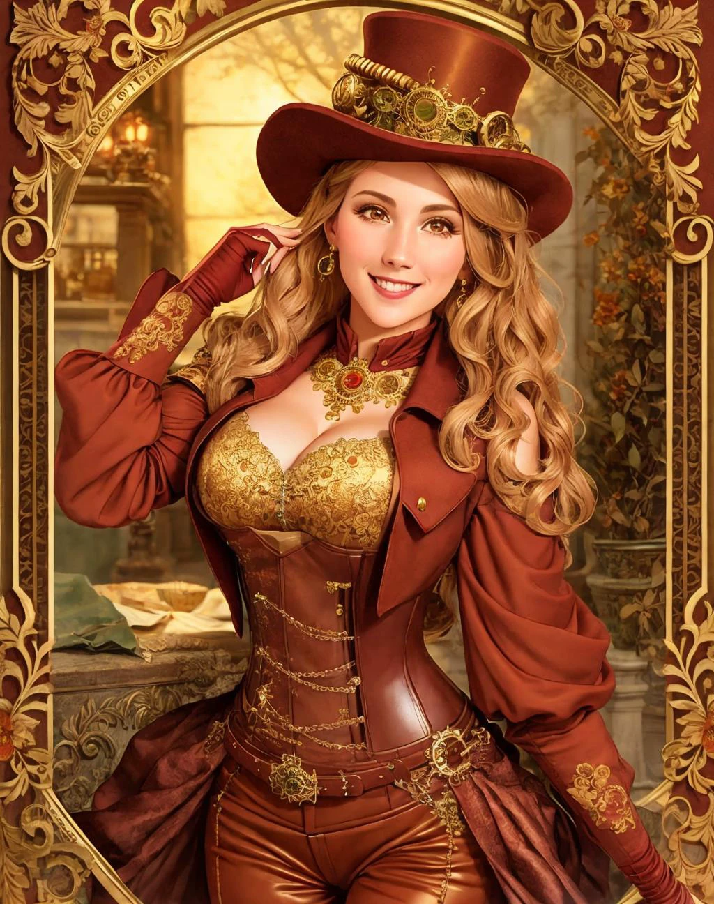 Masterpiece, absurdres, fine detail, HDR, highly detailed face, smiling, excited, steampunk_costume, a woman in a steampunk costume posing for a picture ,wearing steampunk_costume 
