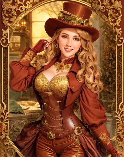 Masterpiece, absurdres, fine detail, HDR, highly detailed face, smiling, excited, steampunk_costume, a woman in a steampunk cost...